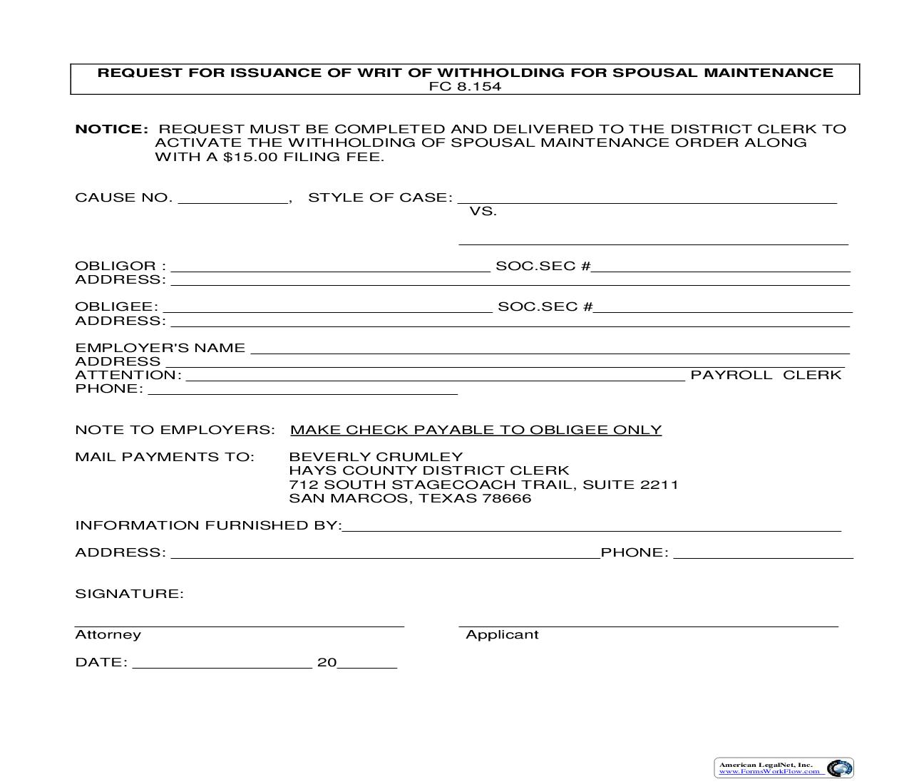 Request For Issuance Of Withholding Of Spousal Maintenance Order | Pdf Fpdf Doc Docx | Texas