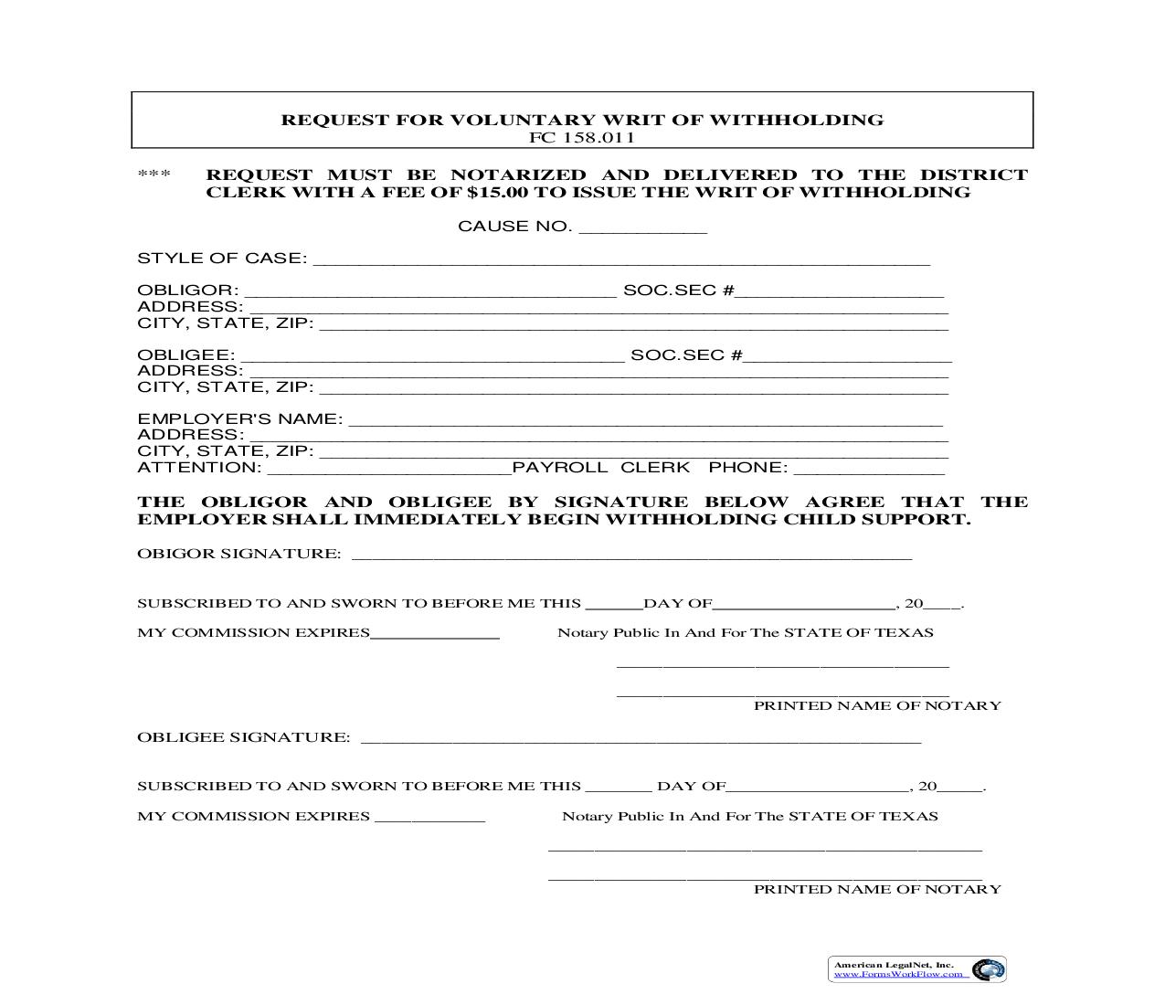 Request For Voluntary Writ Of Withholding | Pdf Fpdf Doc Docx | Texas