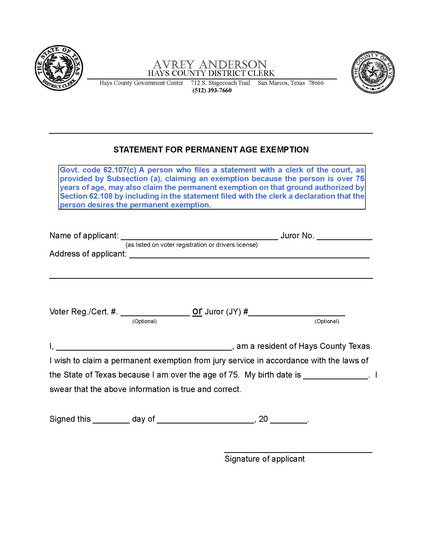 Statement For Permanent Age Exemption (Jury Duty) | Pdf Fpdf Doc Docx | Texas