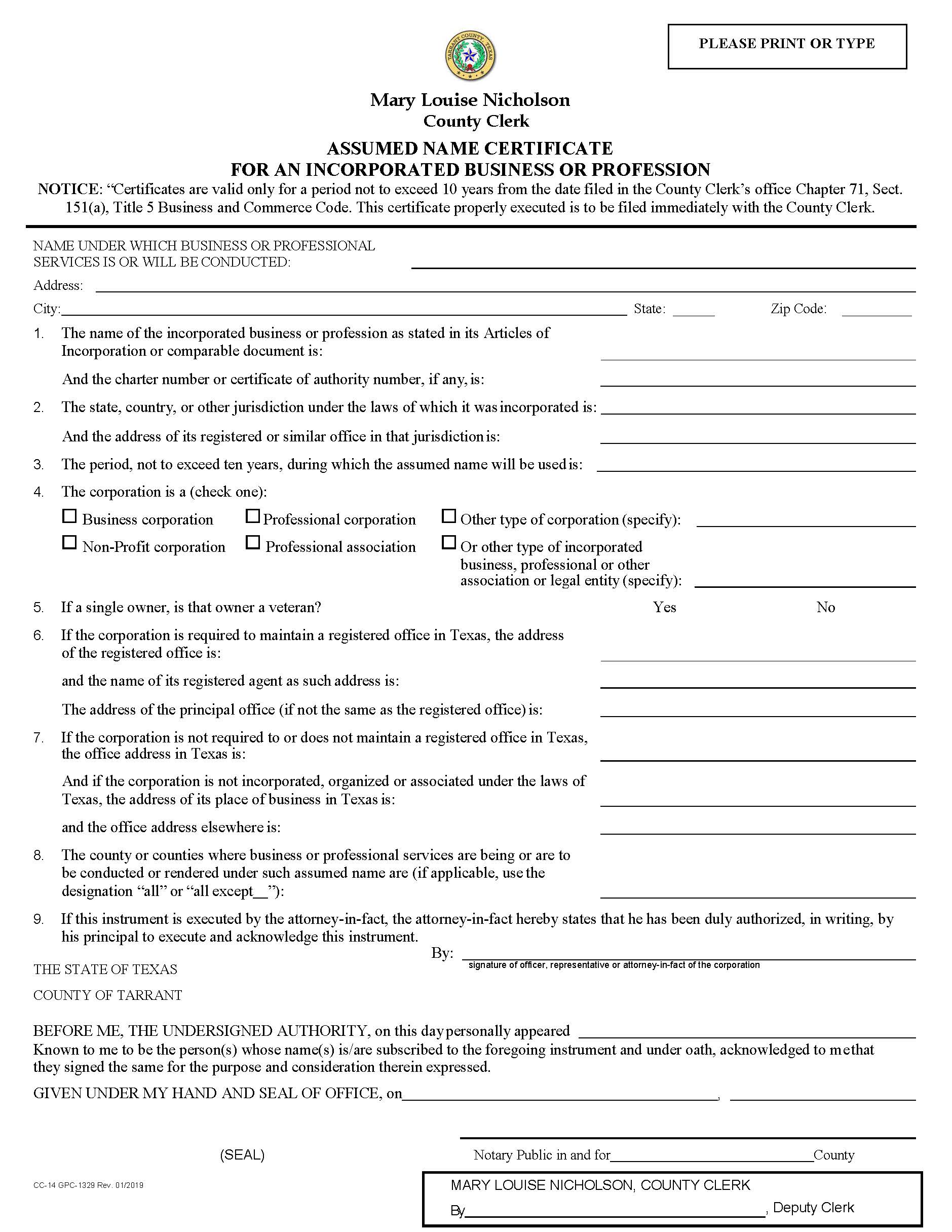 Assumed Name Certificate for An Incorporated  Business Or Profession {CC-14} | Pdf Fpdf Docx | Texas