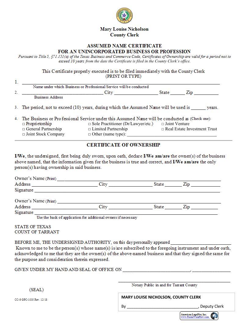 Assumed Name Certificate for An Unincorporated  Business Or Profession {CC-9} | Pdf Fpdf Docx | Texas
