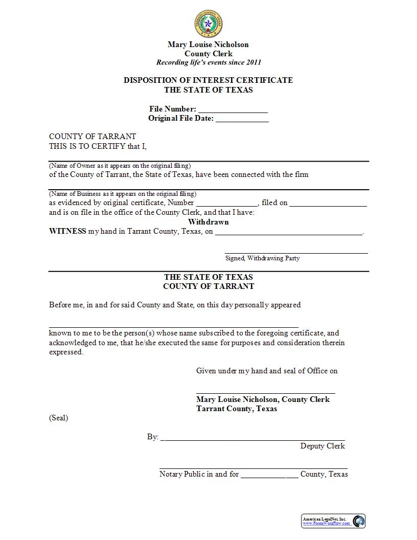 Disposition Of Interest Certificate | Pdf Fpdf Docx | Texas