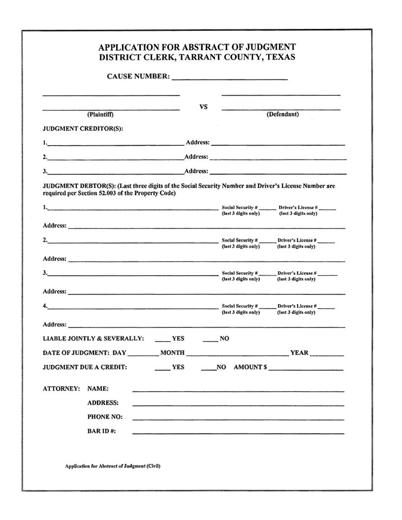 Application For Abstract Of Judgment | Pdf Fpdf Doc Docx | Texas