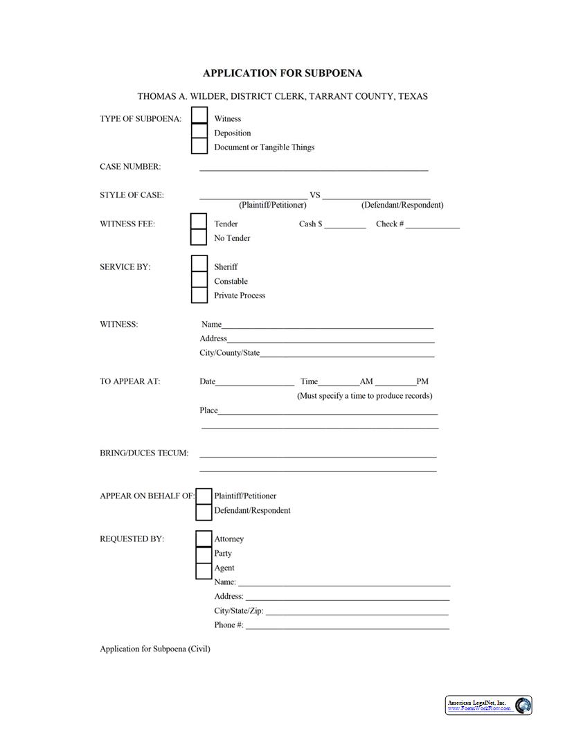 Application For Subpoena | Pdf Fpdf Docx | Texas