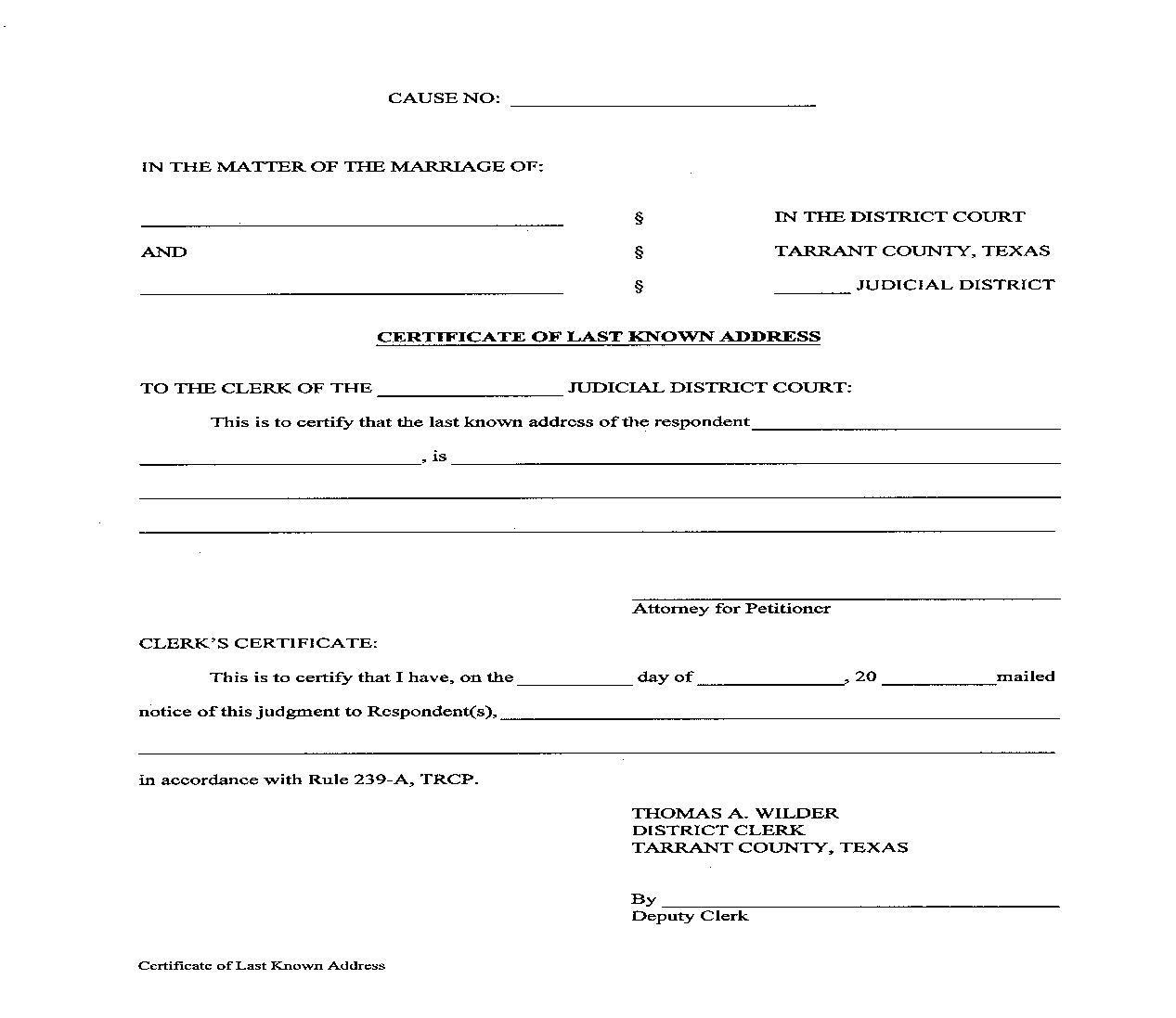 Certificate Of Last Known Address | Pdf Fpdf Doc Docx | Texas