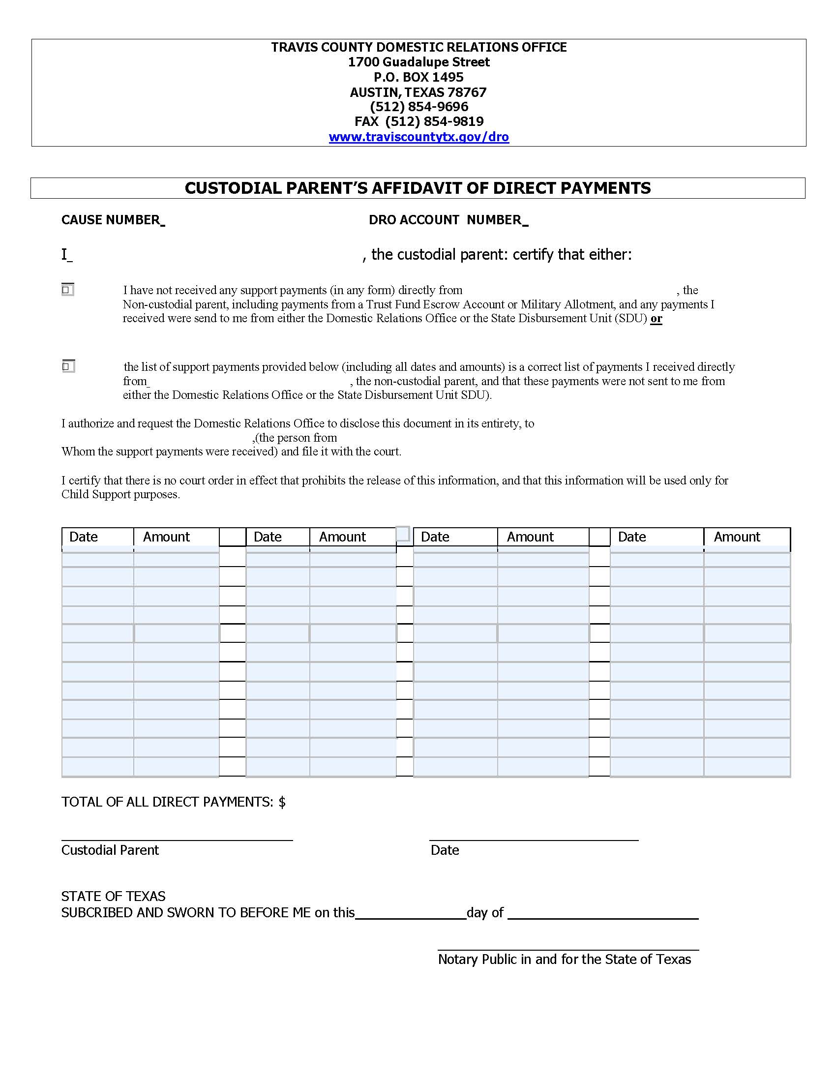 Custodial Parents Affidavit Of Direct Payments | Pdf Fpdf Doc Docx | Texas