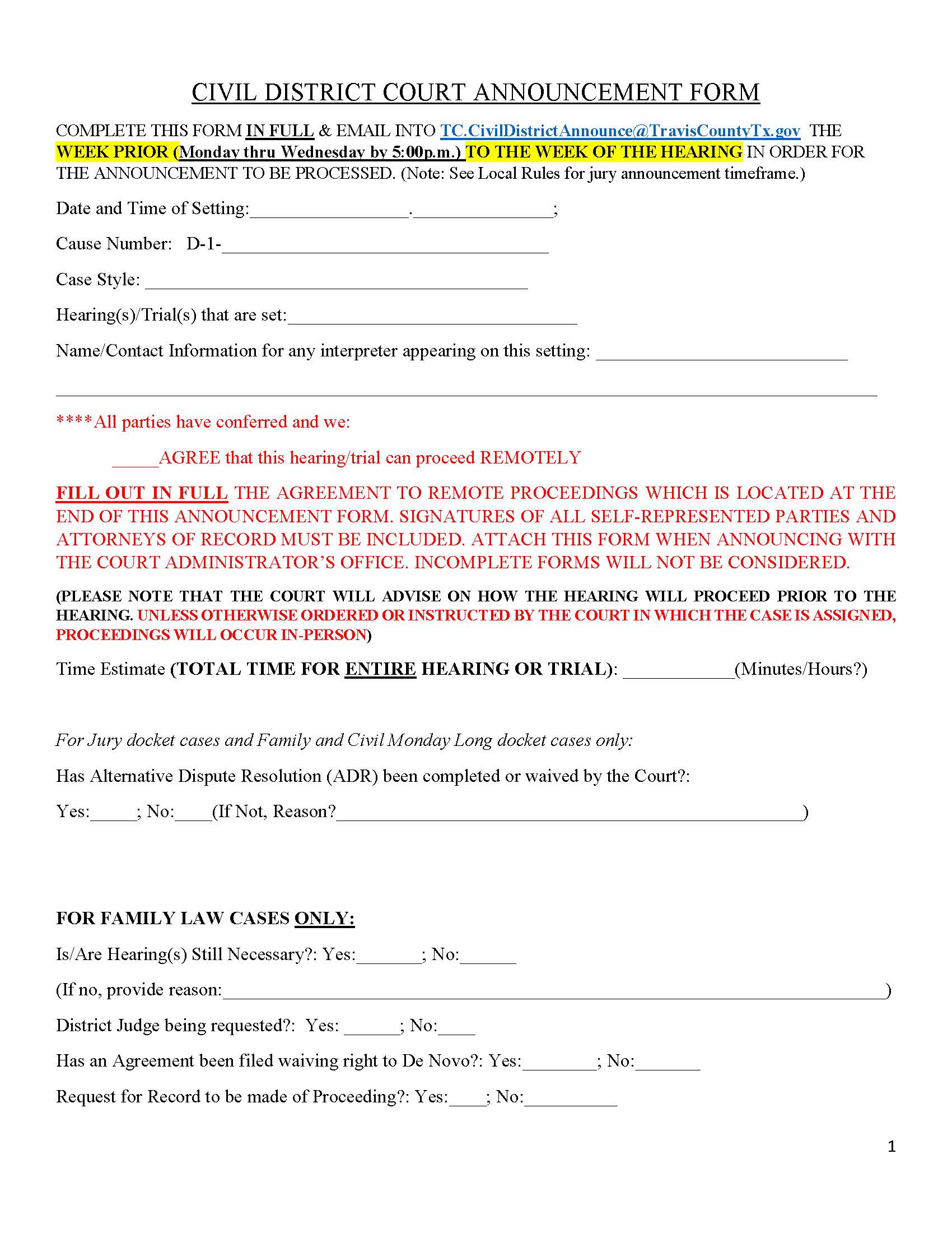 Civil District Court Announcement  | Pdf Fpdf Docx | Texas