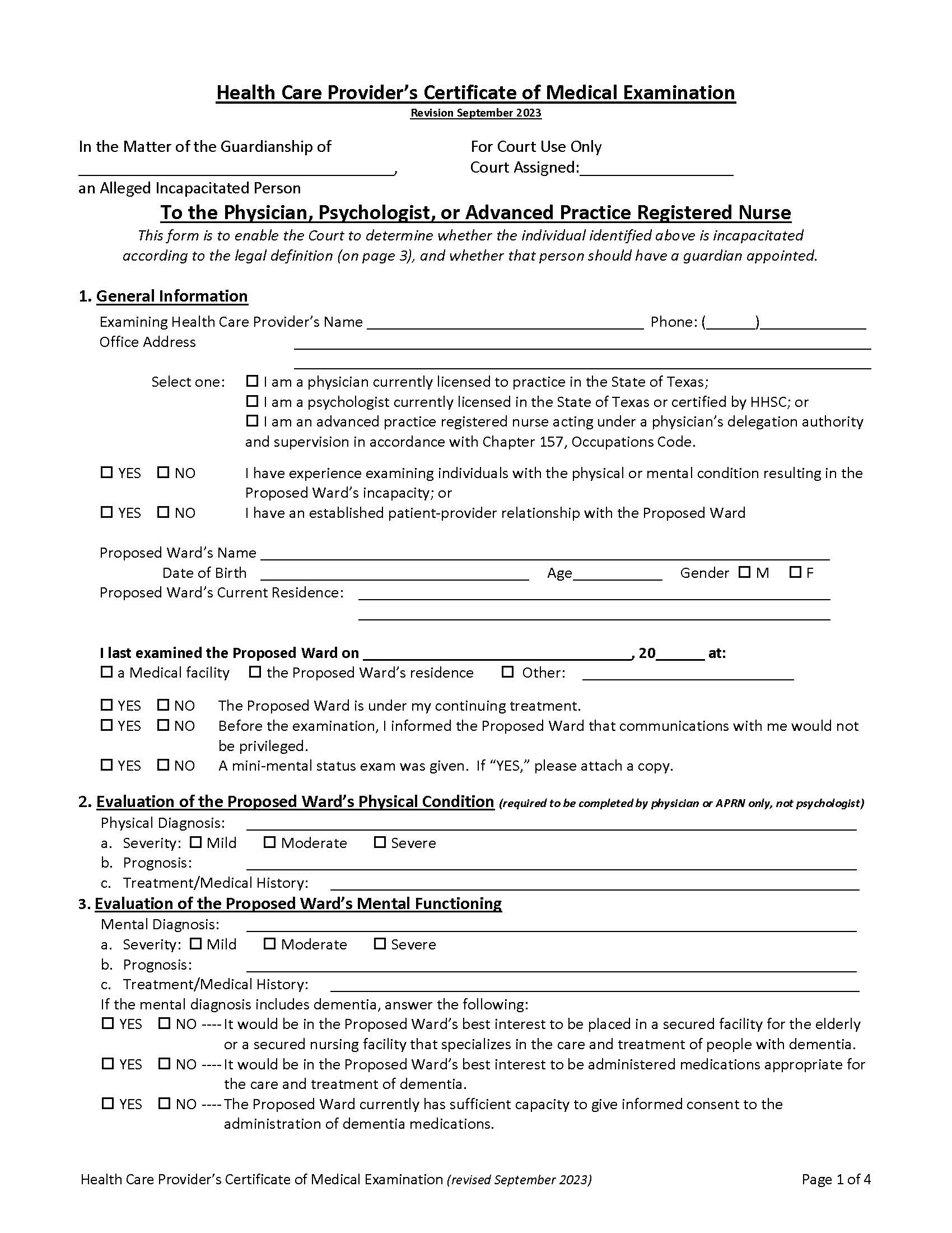 Health Care Providers Certificate Of Medical Examination | Pdf Fpdf Doc Docx | Texas