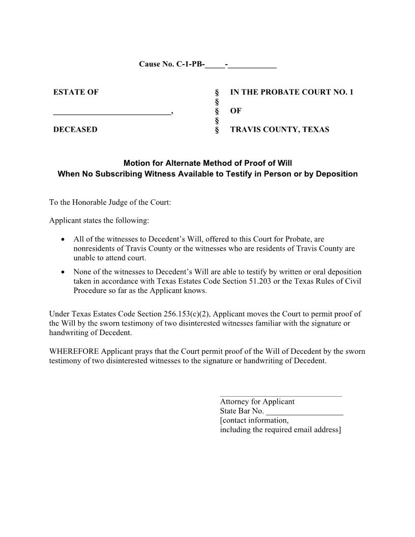 Motion For Alternate Method Of Proof Of Will (No Subscribing Witness) | Pdf Fpdf Docx | Texas