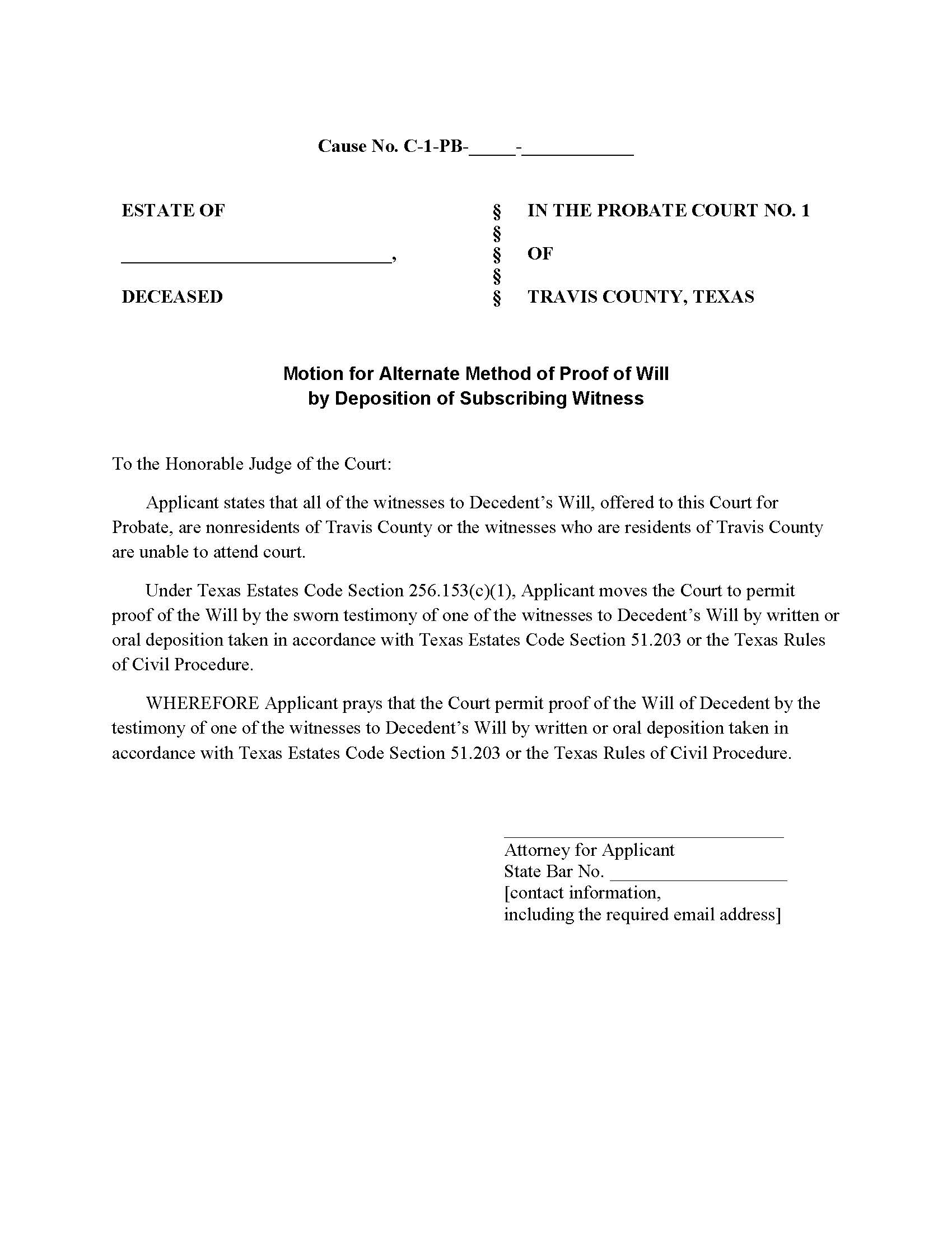 Motion For Alternate Method Of Proof Of Will (Subscribing Witness) | Pdf Fpdf Doc Docx | Texas