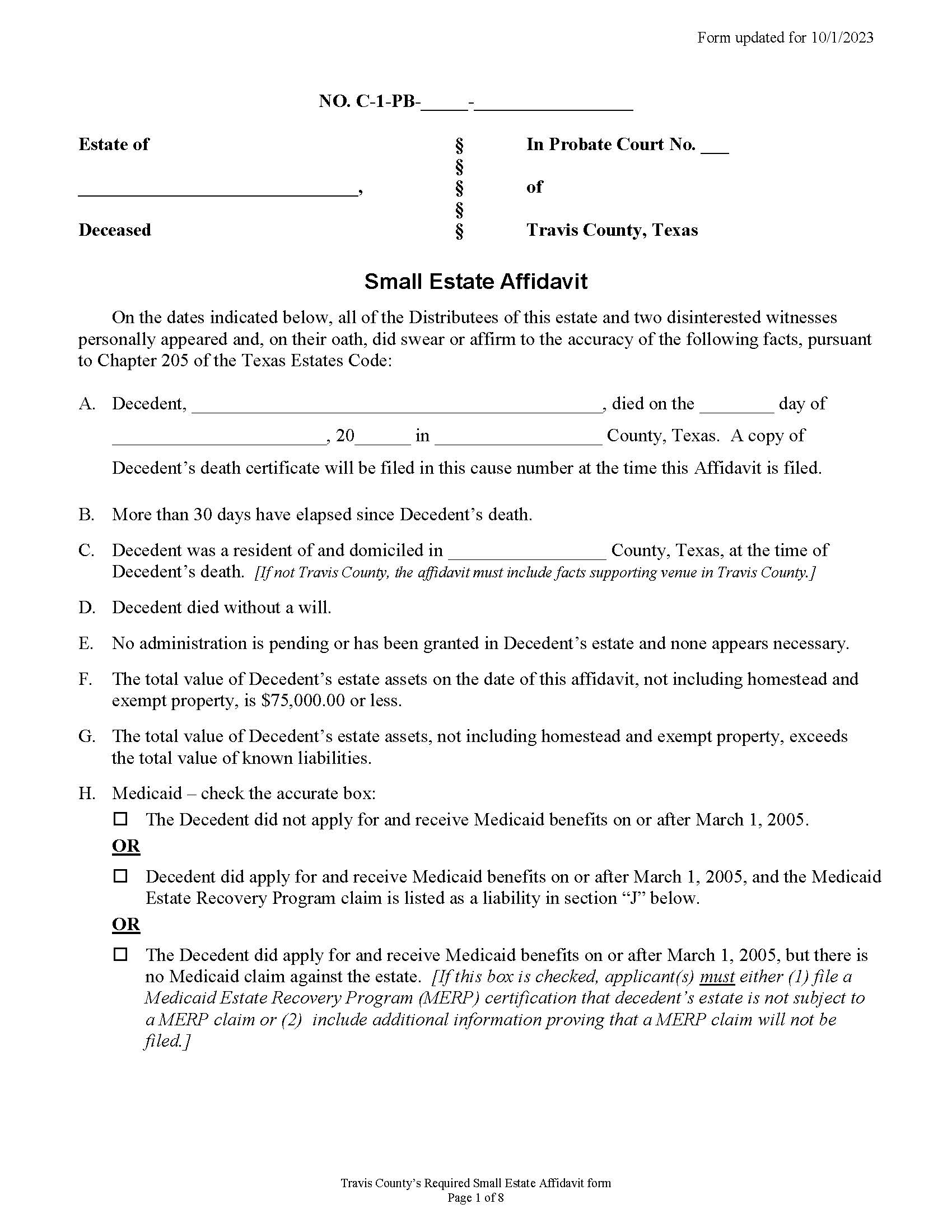 Small Estate Affidavit | Pdf Fpdf Doc Docx | Texas
