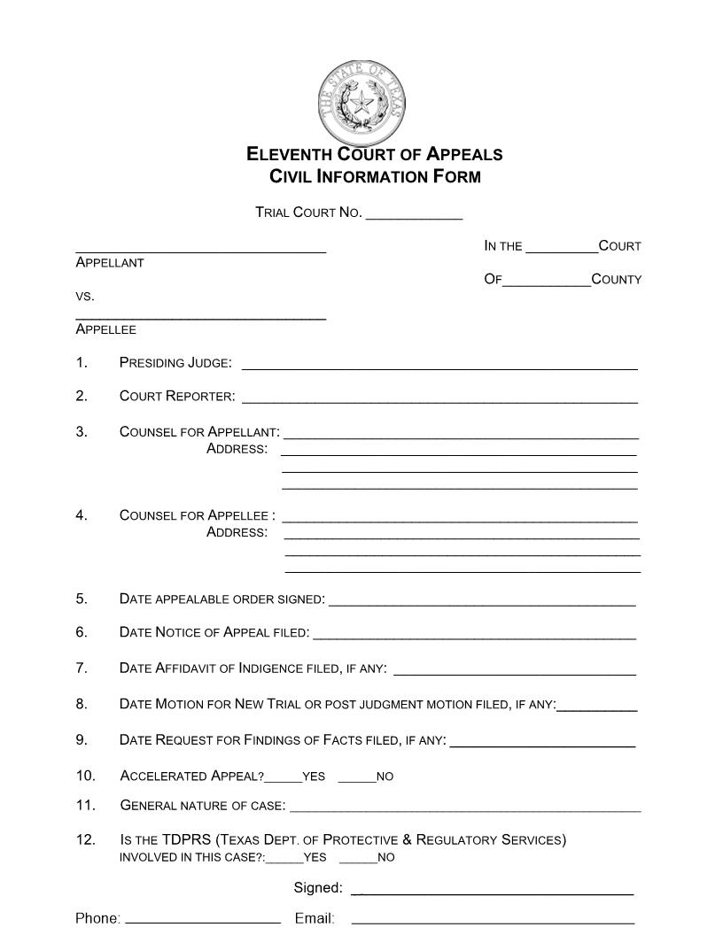 Civil Information Form | Pdf Fpdf Docx | Texas