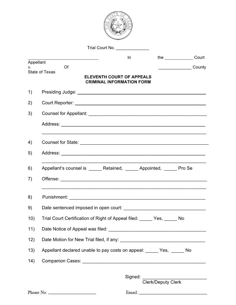 Criminal Information Form | Pdf Fpdf Docx | Texas
