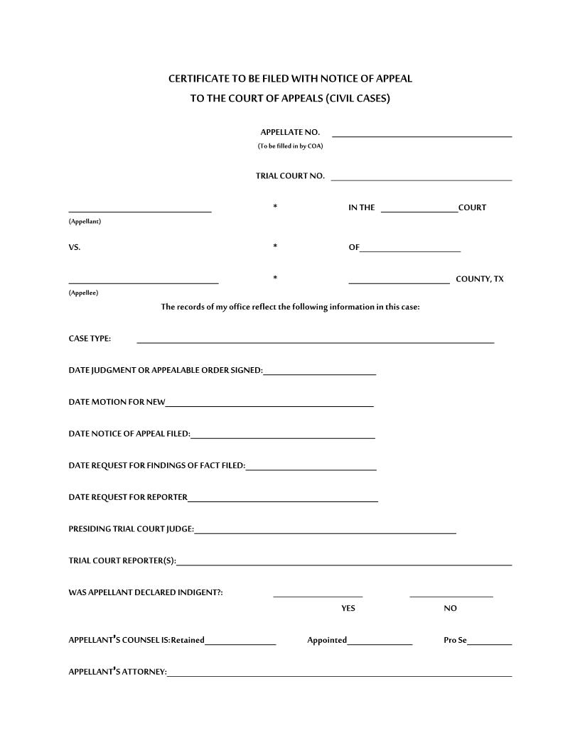 Certificate To Be Filed With Notice Of Appeal (Civil) | Pdf Fpdf Docx | Texas