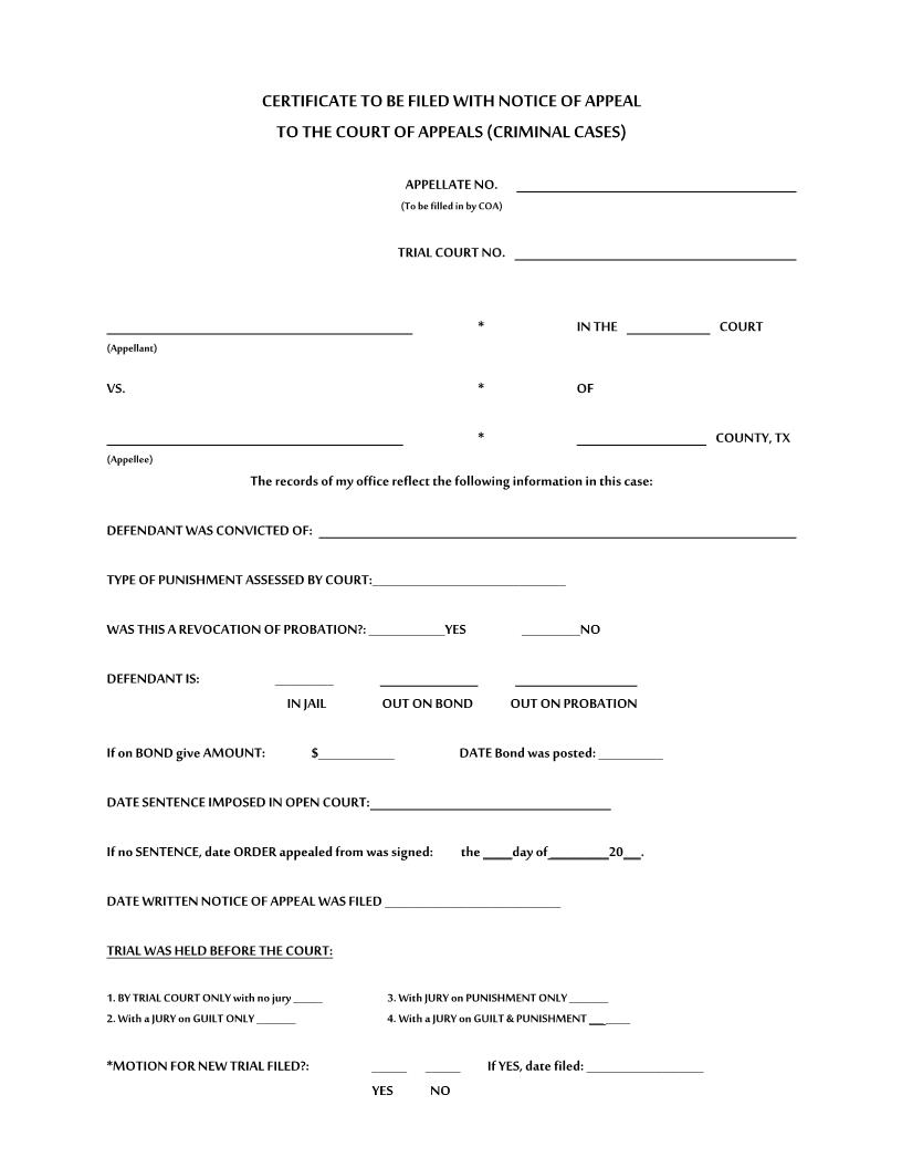 Certificate To Be Filed With Notice Of Appeal (Criminal) | Pdf Fpdf Docx | Texas