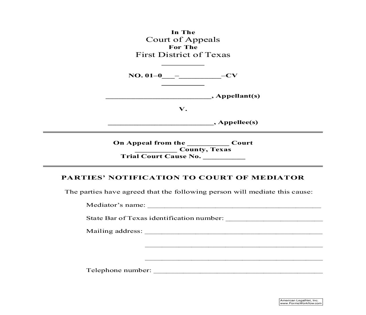 Parties Notification To Court Of Mediator | Pdf Fpdf Doc Docx | Texas