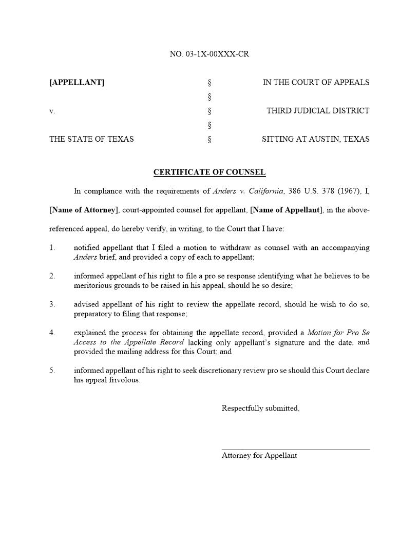 Certificate Of Counsel | Pdf Fpdf Docx | Texas