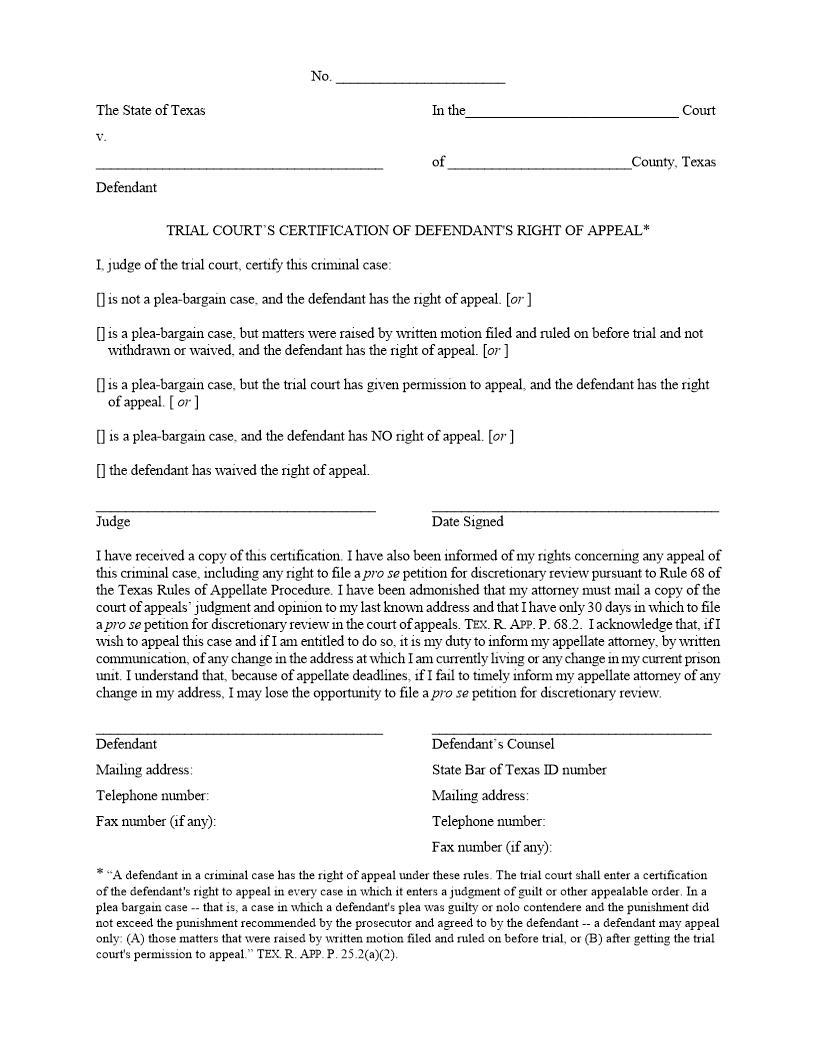 Trial Courts Certification Of Defendants Right Of Appeal | Pdf Fpdf Doc Docx | Texas