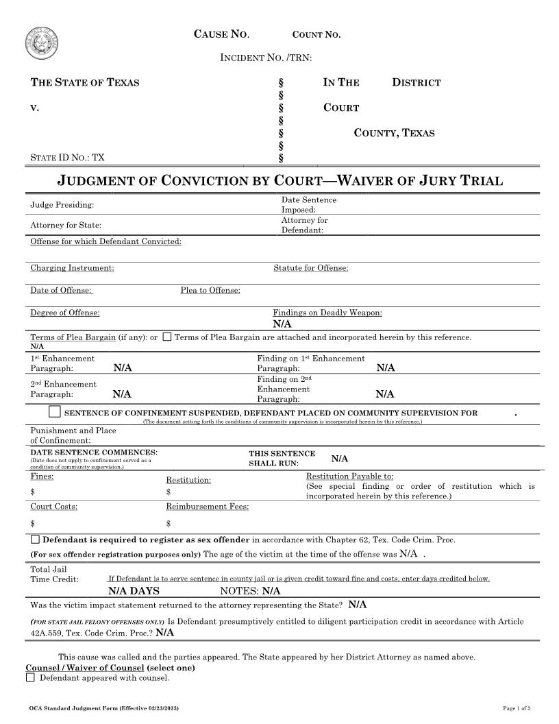 Judgment Of Conviction By Court Waiver Of Jury Trial | Pdf Fpdf Docx | Texas