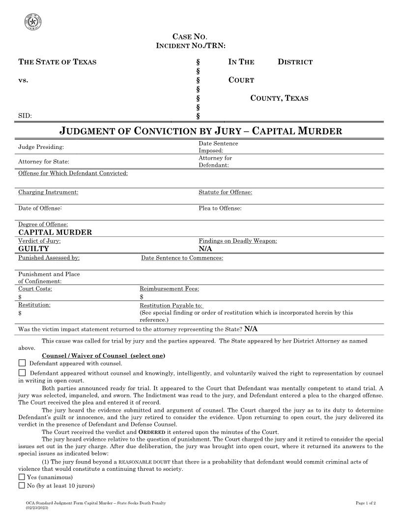 Judgment Of Conviction By Jury Capital Murder | Pdf Fpdf Docx | Texas