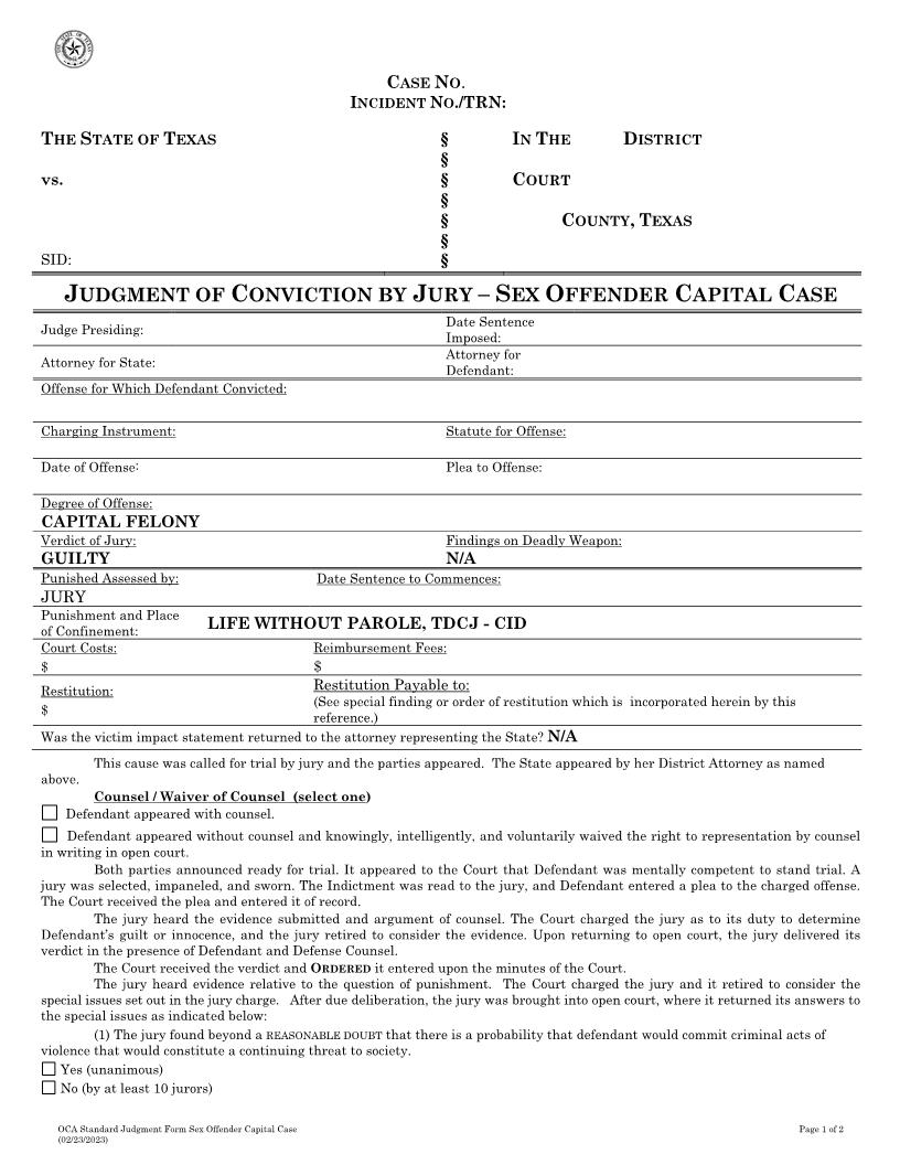 Judgment Of Conviction By Jury Sex Offender Capital Case | Pdf Fpdf Docx | Texas