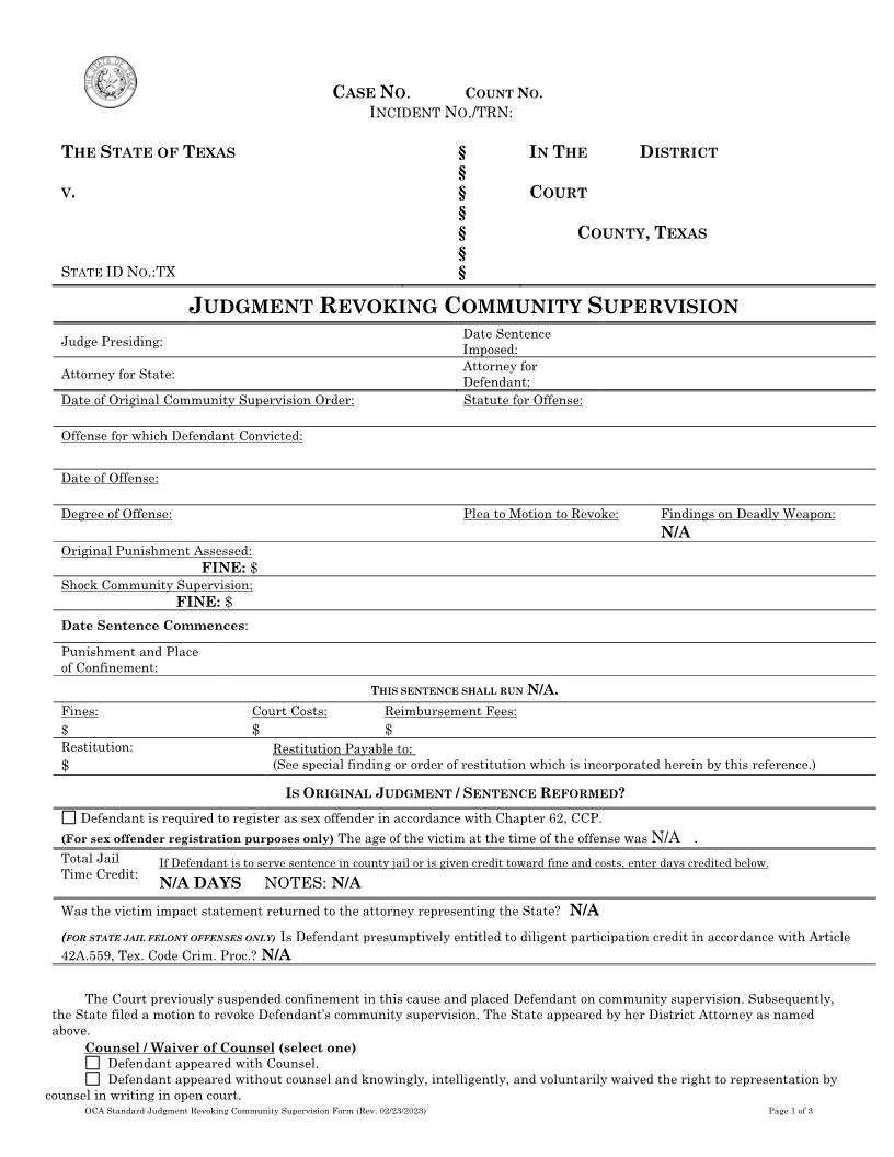 Judgment Revoking Community Supervision | Pdf Fpdf Docx | Texas
