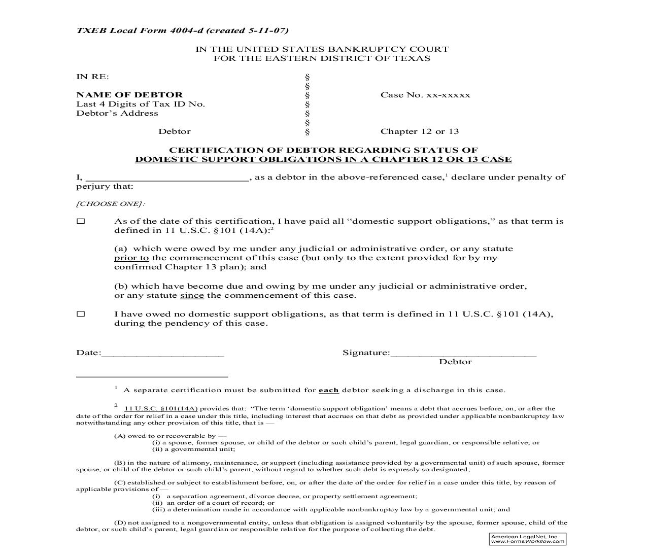Certification Of Debtor Regarding Status Of Domestic Support Obligations {4004-d} | Pdf Fpdf Doc Docx | Texas