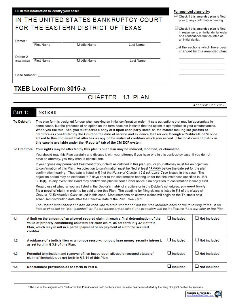 Chapter 13 Plan {3015-a} | Pdf Fpdf Docx | Texas