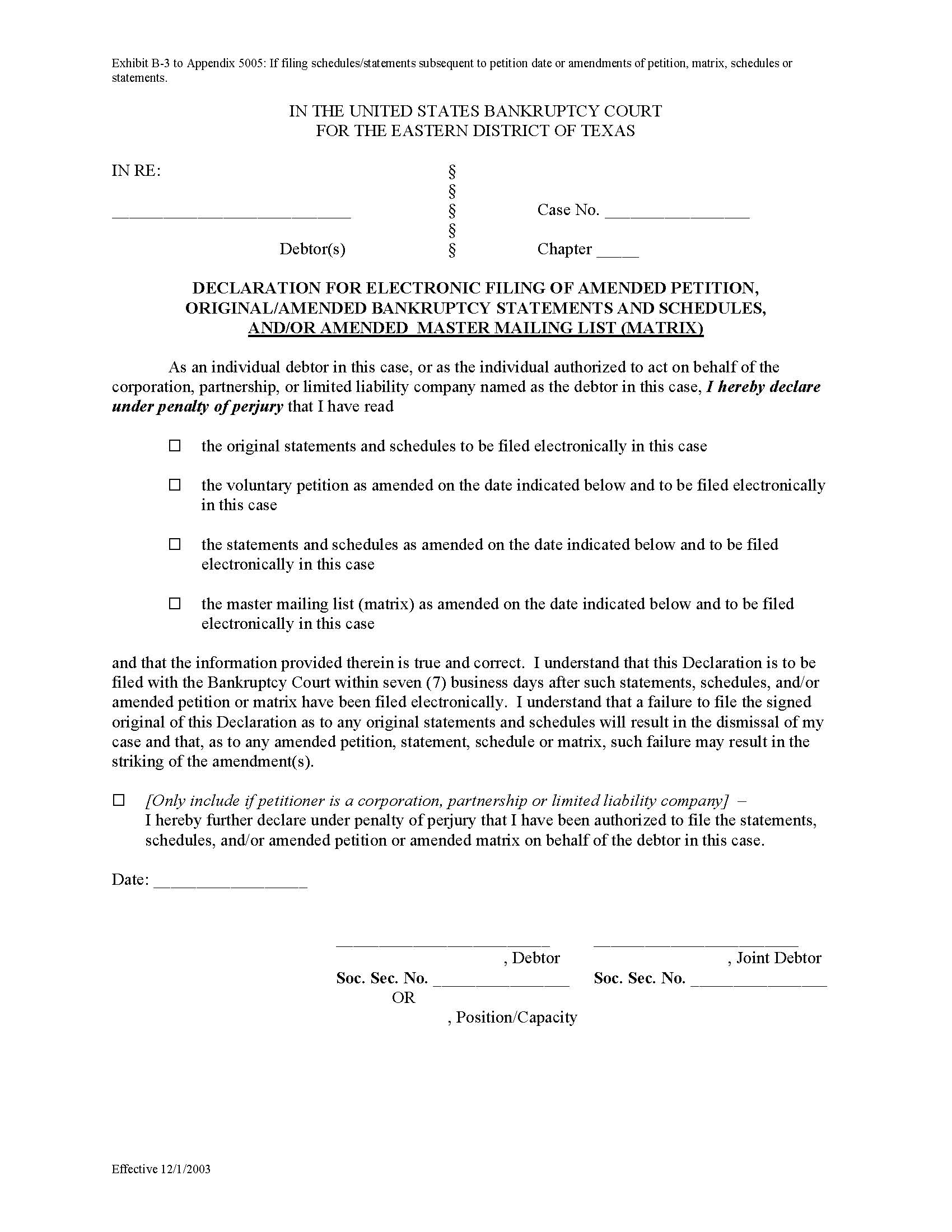 Declaration For Electronic Filing Of Amended Petition-Bankruptcy Statements-Schedules-Master Mailing List | Pdf Fpdf Doc Docx | Texas