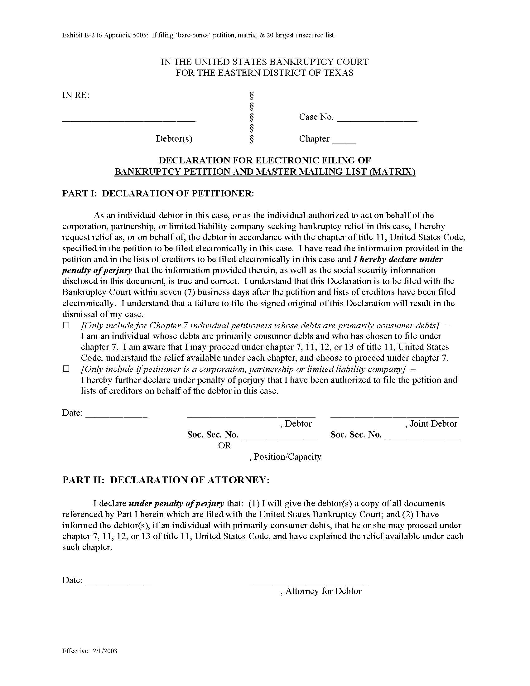 Declaration For Electronic Filing Of Bankruptcy Petition And Master Mailing List (Matrix) | Pdf Fpdf Doc Docx | Texas