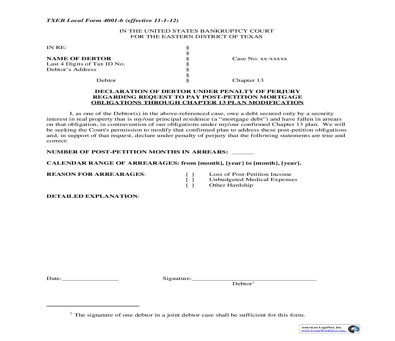 Declaration Regarding Request To Pay Post-Petition Mortgage Obligations {4001-b} | Pdf Fpdf Doc Docx | Texas