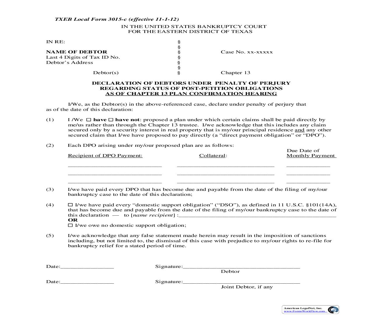 Declaration Regarding Status Of Post-Petition Obligations {3015-c} | Pdf Fpdf Doc Docx | Texas