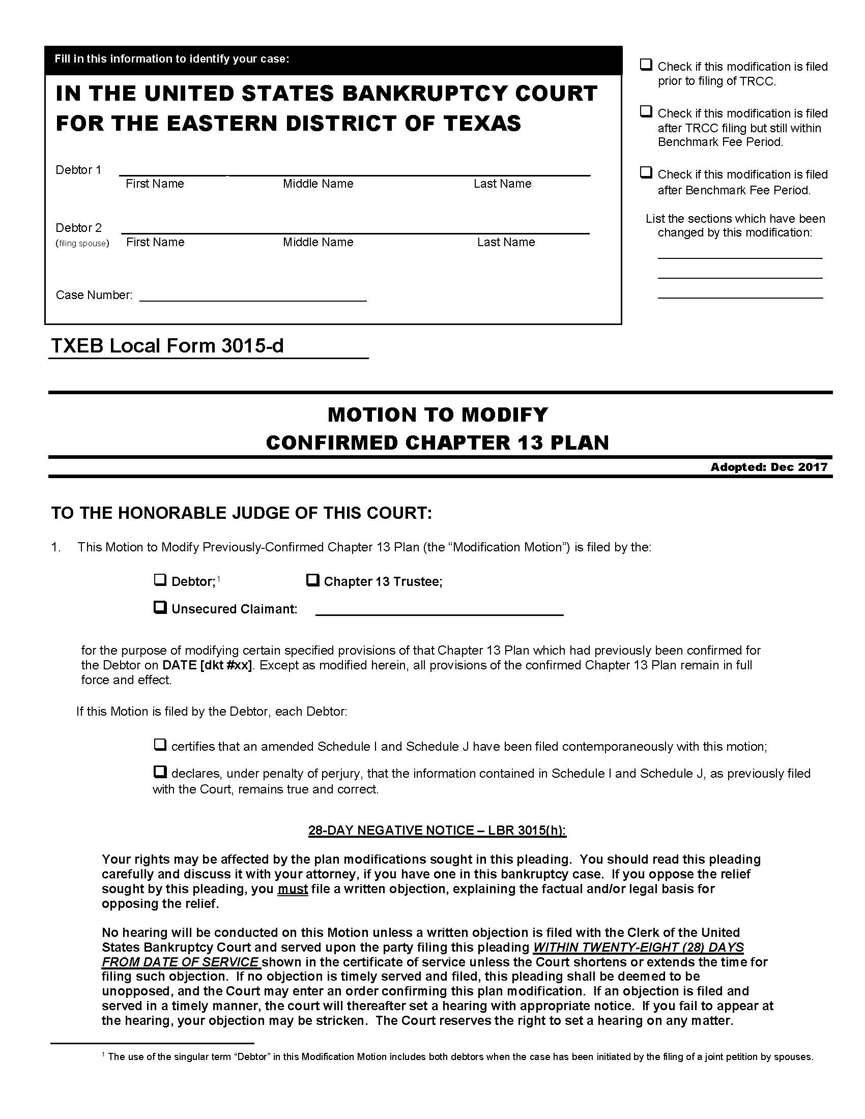 Motion To Modify Confirmed Chapter 13 Plan {3015-d} | Pdf Fpdf Docx | Texas
