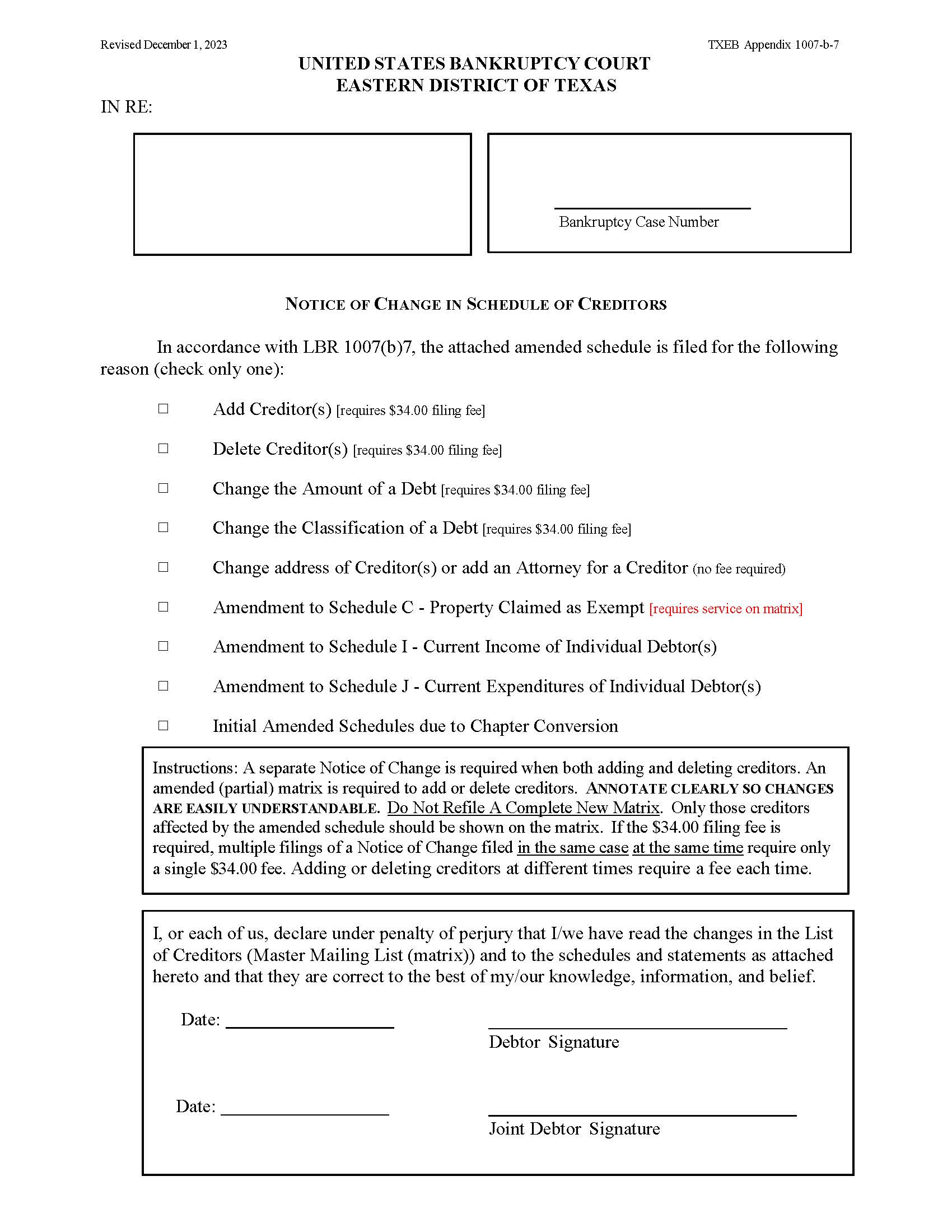 Notice Of Change In Schedule Of Creditors | Pdf Fpdf Doc Docx | Texas