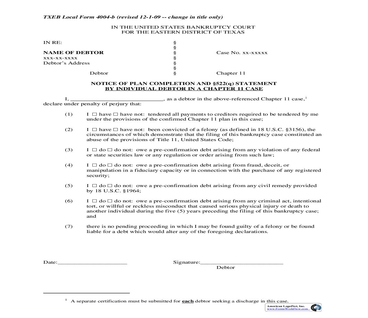 Notice Of Plan Completion And 522(q) Statement By Individual Debtor(s) In A Chapter 11 Case {4004-b} | Pdf Fpdf Doc Docx | Texas