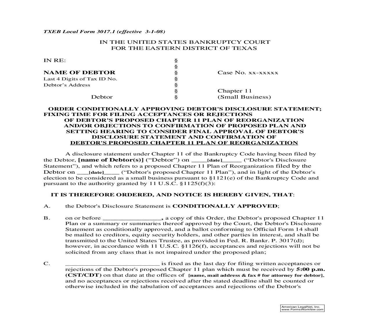 Order Conditionally Approving Debtors Disclosure Statement {3017.1} | Pdf Fpdf Doc Docx | Texas