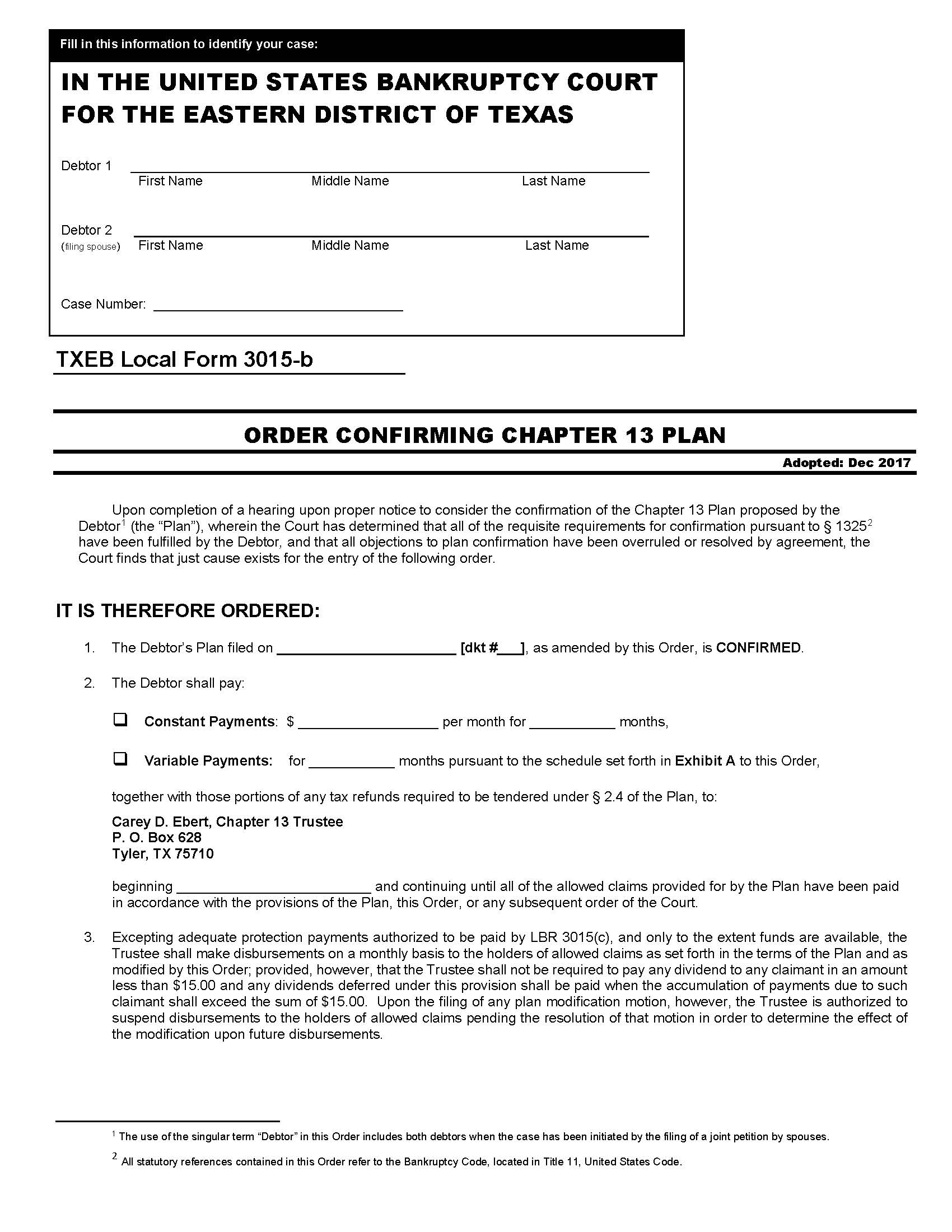 Order Confirming Chapter 13 Plan {Plano} {3015-b} | Pdf Fpdf Docx | Texas