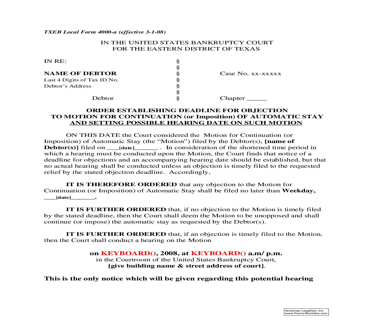 Order Establishing Deadline For Objection To Motion For Continuation Of Automatic Stay {4000-a} | Pdf Fpdf Doc Docx | Texas