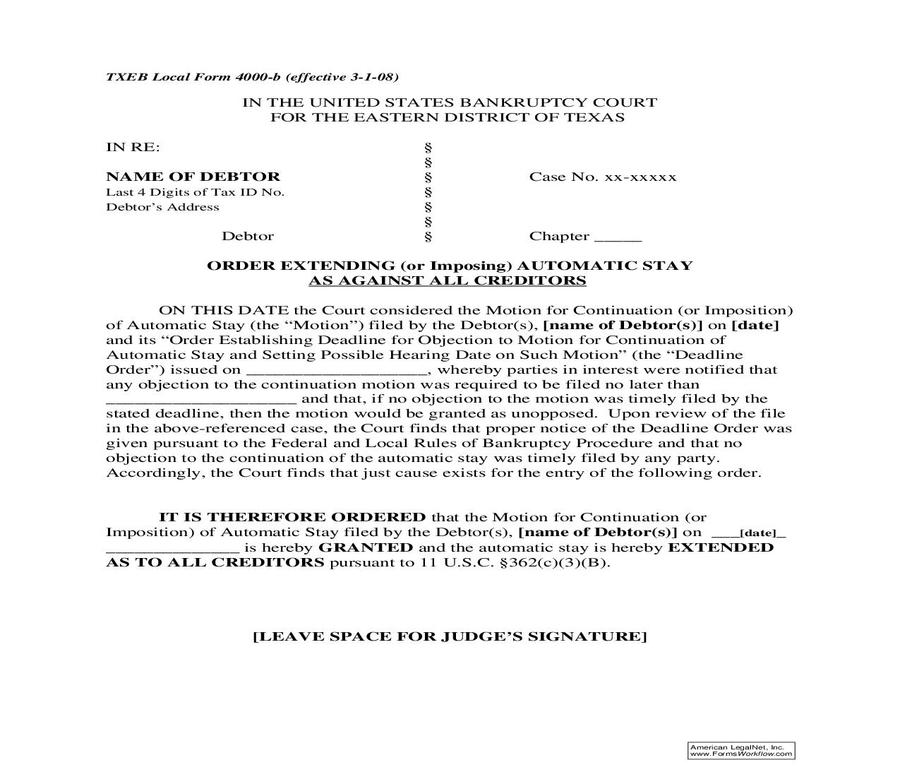 Order Extending (Or Imposing) Automatic Stay {4000-b} | Pdf Fpdf Doc Docx | Texas