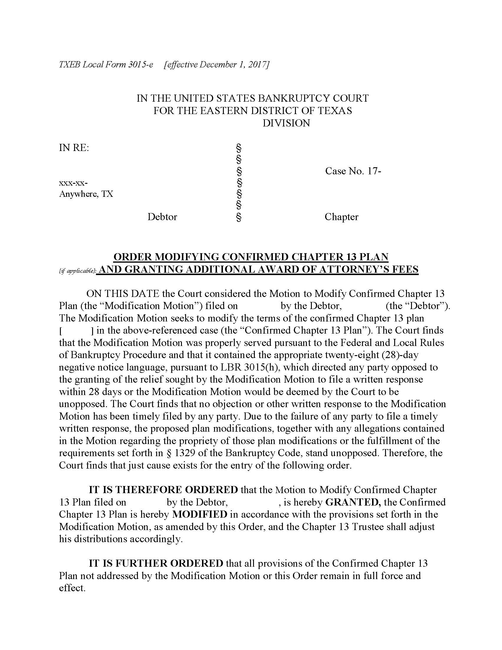 Order Modifying Confimed Chapter 13 Plan {3015-e} | Pdf Fpdf Docx | Texas