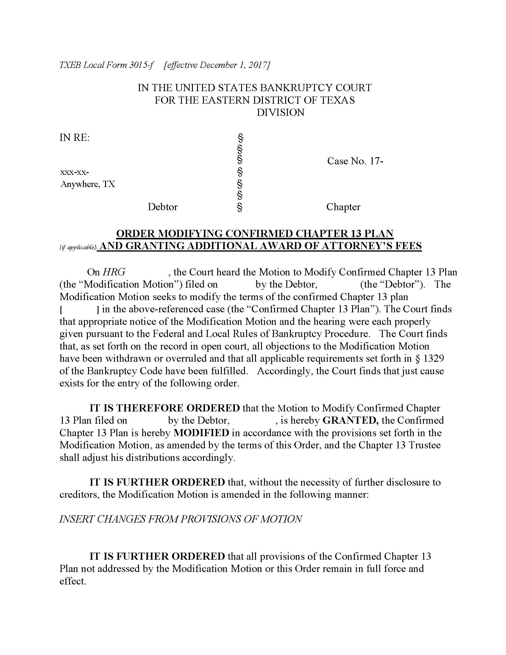 Order Modifying Confimed Chapter 13 Plan {3015-f} | Pdf Fpdf Docx | Texas