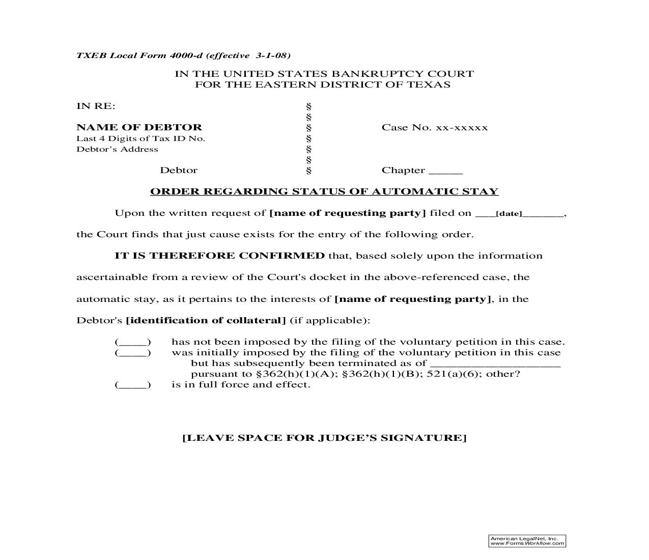Order Regarding Status Of Automatic Stay {4000-d} | Pdf Fpdf Doc Docx | Texas