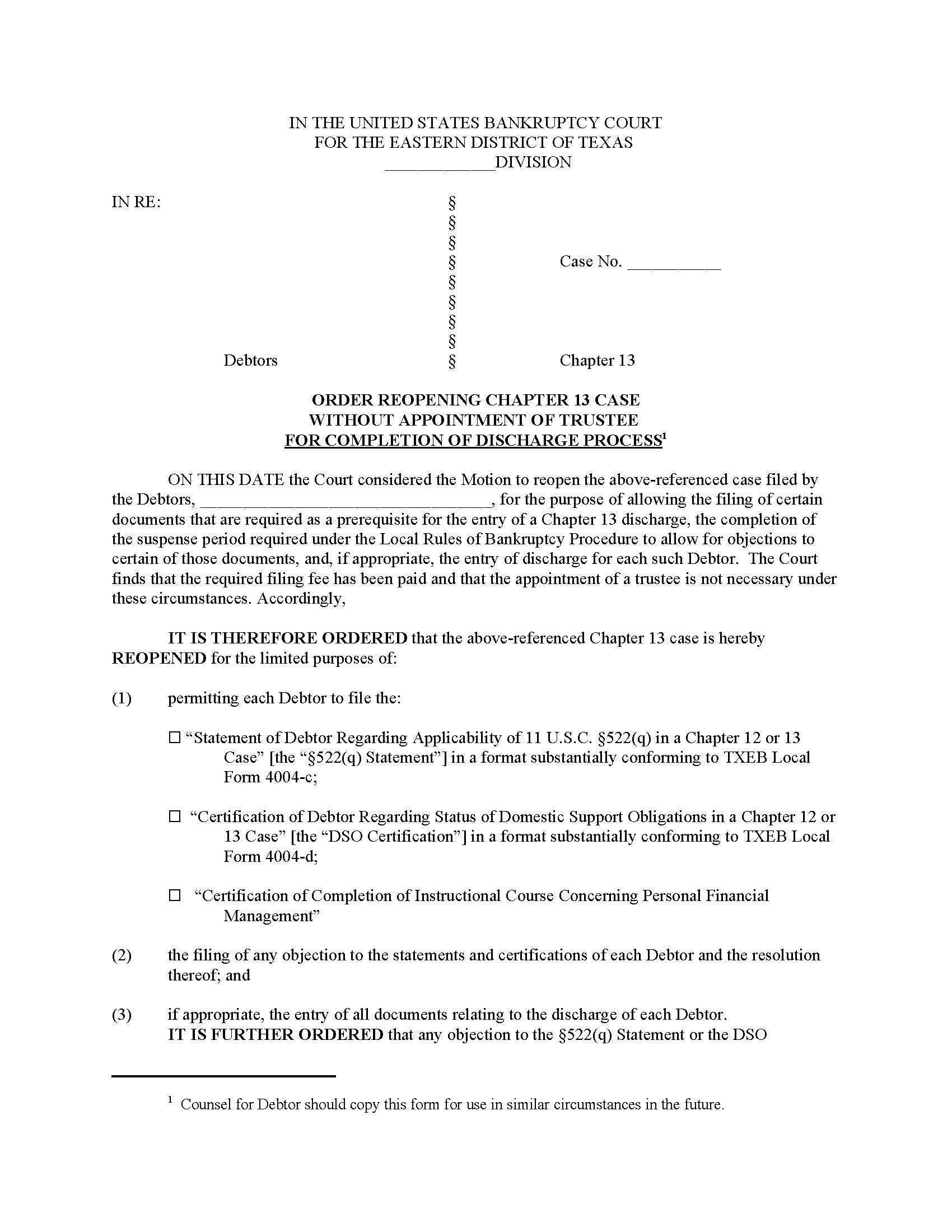 Order Reopening Chapter 13 Case Without Appointment Of Trustee | Pdf Fpdf Doc Docx | Texas