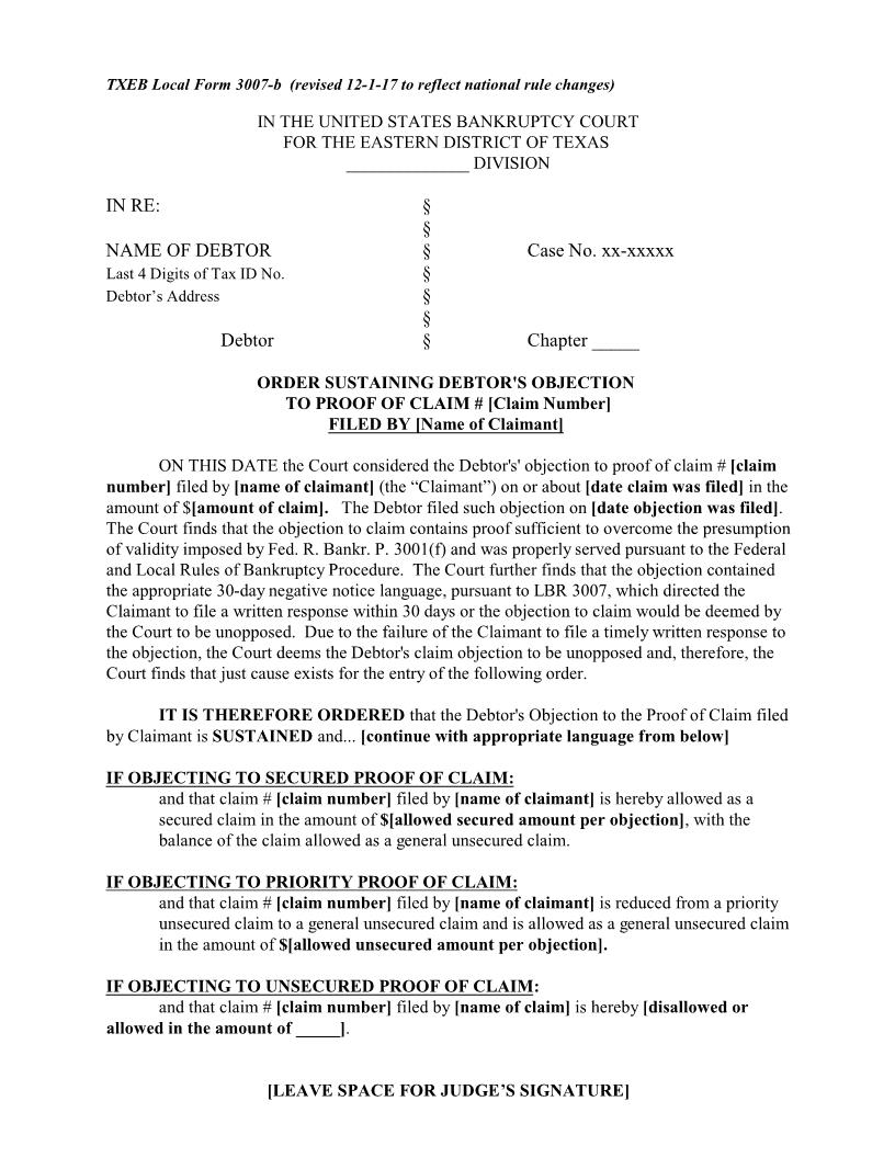Order Sustaining Debtors Objection To Proof Of Claim {3007} | Pdf Fpdf Docx | Texas