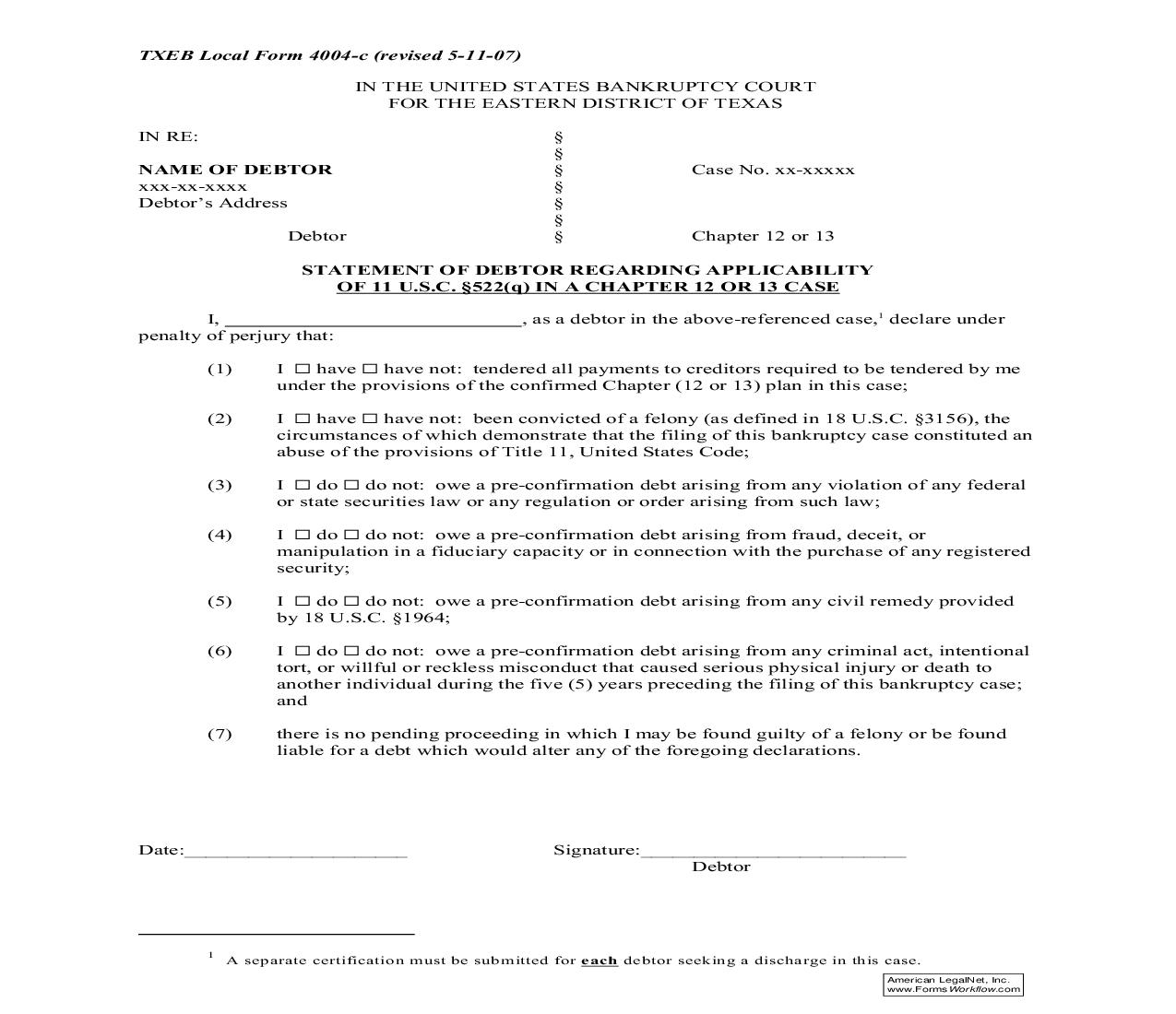 Statement Of Debtor Regarding Applicability Of 11 U.S.C. 522(q) In A Chapter 12 or 13 Case {4004-c} | Pdf Fpdf Doc Docx | Texas