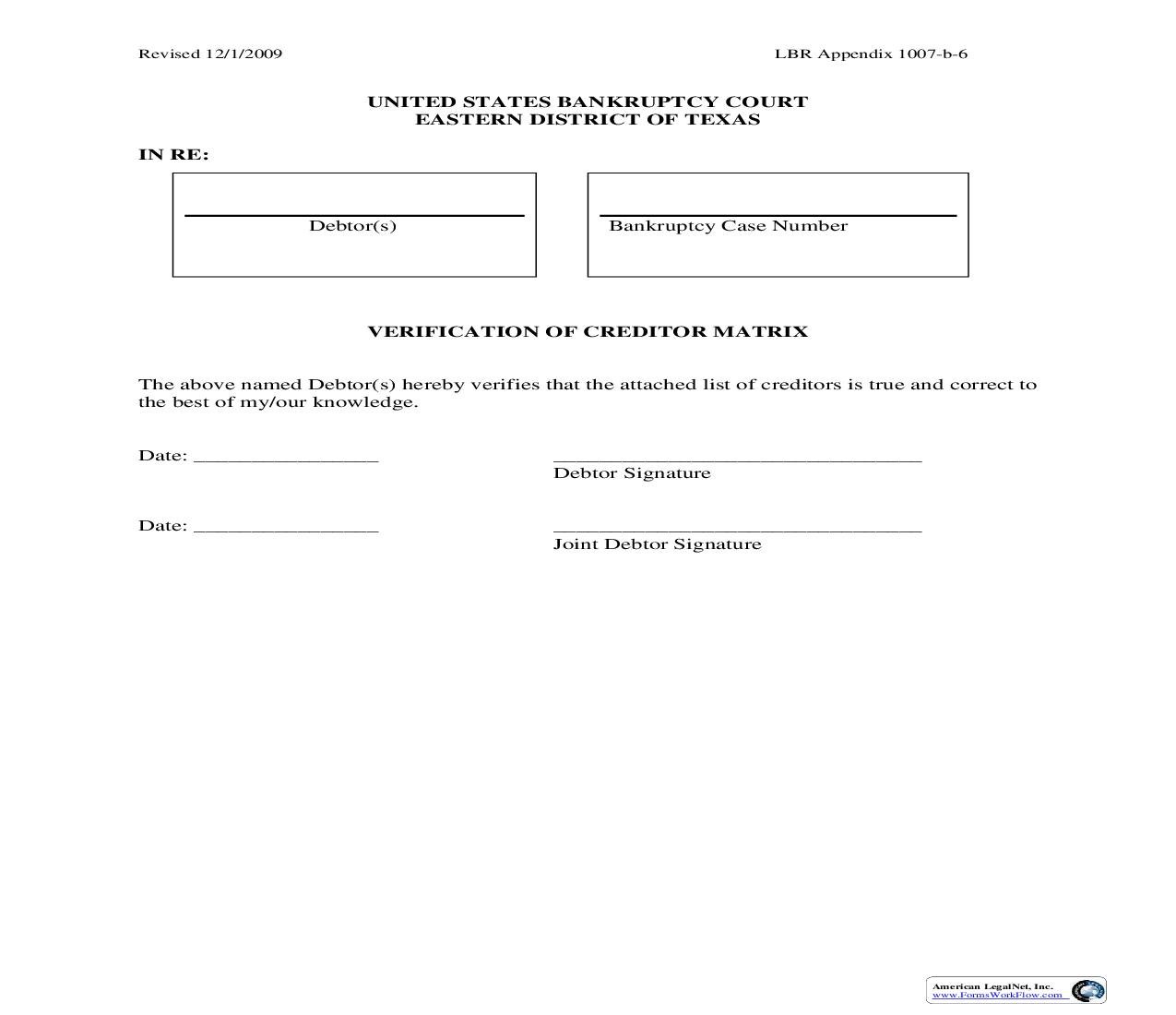 Verification Of Creditor Matrix {1007-b-6} | Pdf Fpdf Doc Docx | Texas