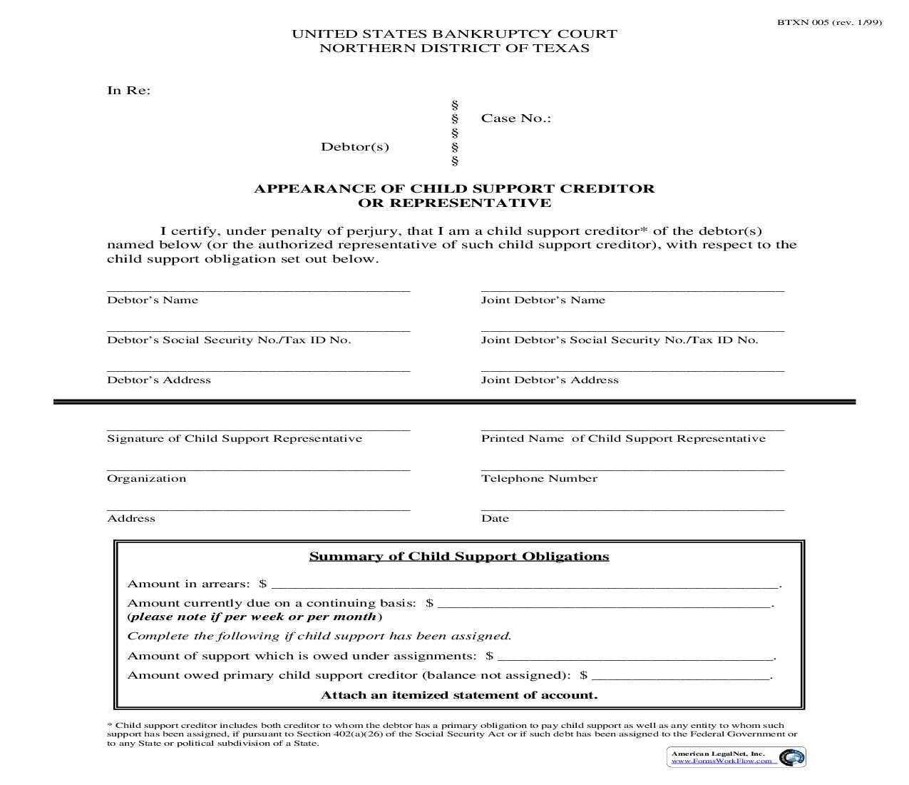 Appearance Of Child Support Creditor Or Representative {BTXN 005} | Pdf Fpdf Doc Docx | Texas