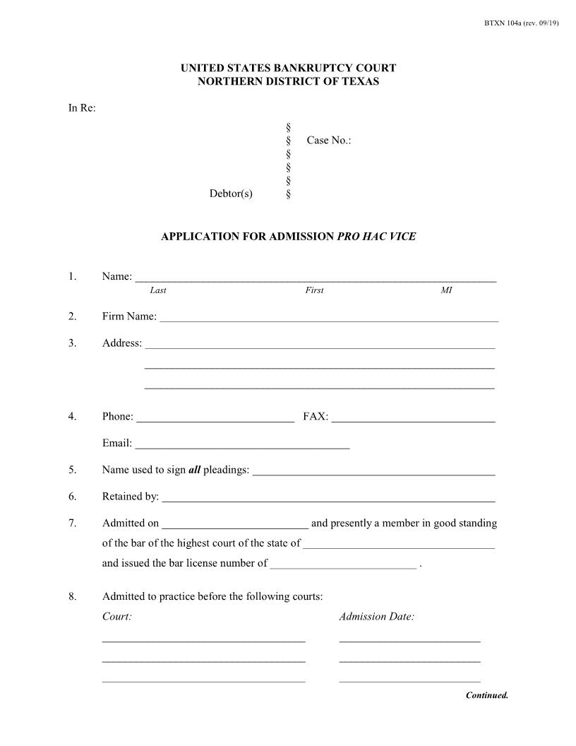 Application For Admission Pro Hac Vice {BTXN 104a} | Pdf Fpdf Doc Docx | Texas