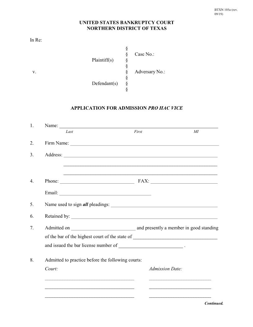 Application For Admission Pro Hac Vice (Adv) {BTXN 105a} | Pdf Fpdf Doc Docx | Texas