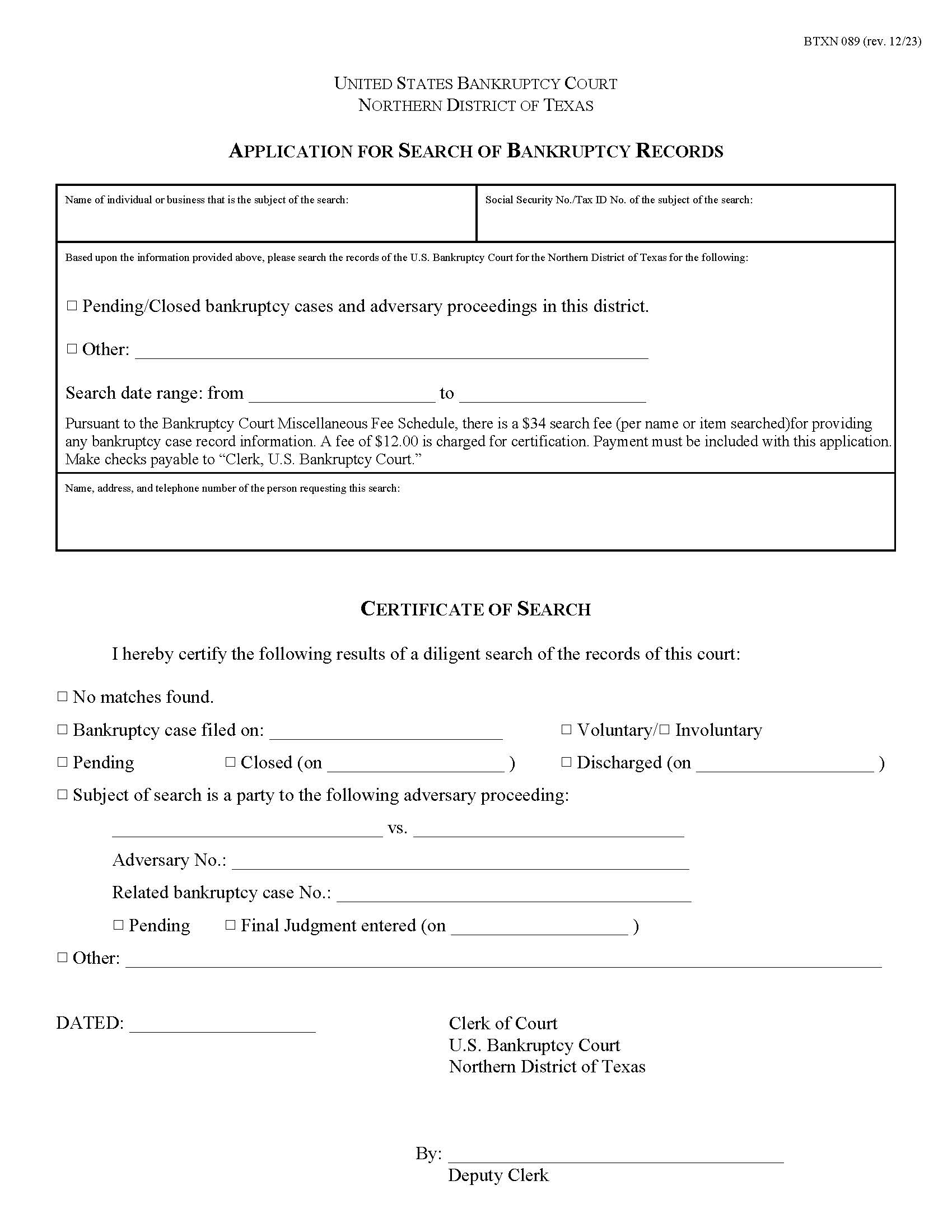 Application For Search Of Bankruptcy Records {BTXN 089} | Pdf Fpdf Doc Docx | Texas